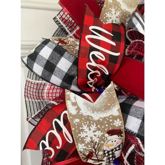 Buffalo Plaid Check Let it Snow Snowman Mesh Ribbon Christmas Wreath & Garland - Picture 7 of 10